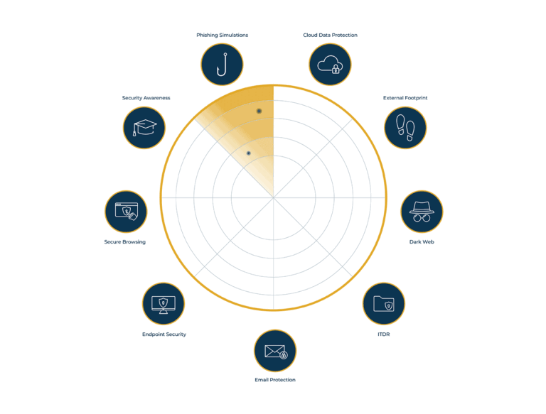 Radar chart showing Secure360’s cyber security services including email protection, endpoint security, secure browsing, cloud posture, and dark web monitoring, highlighting areas covered and issues identified.